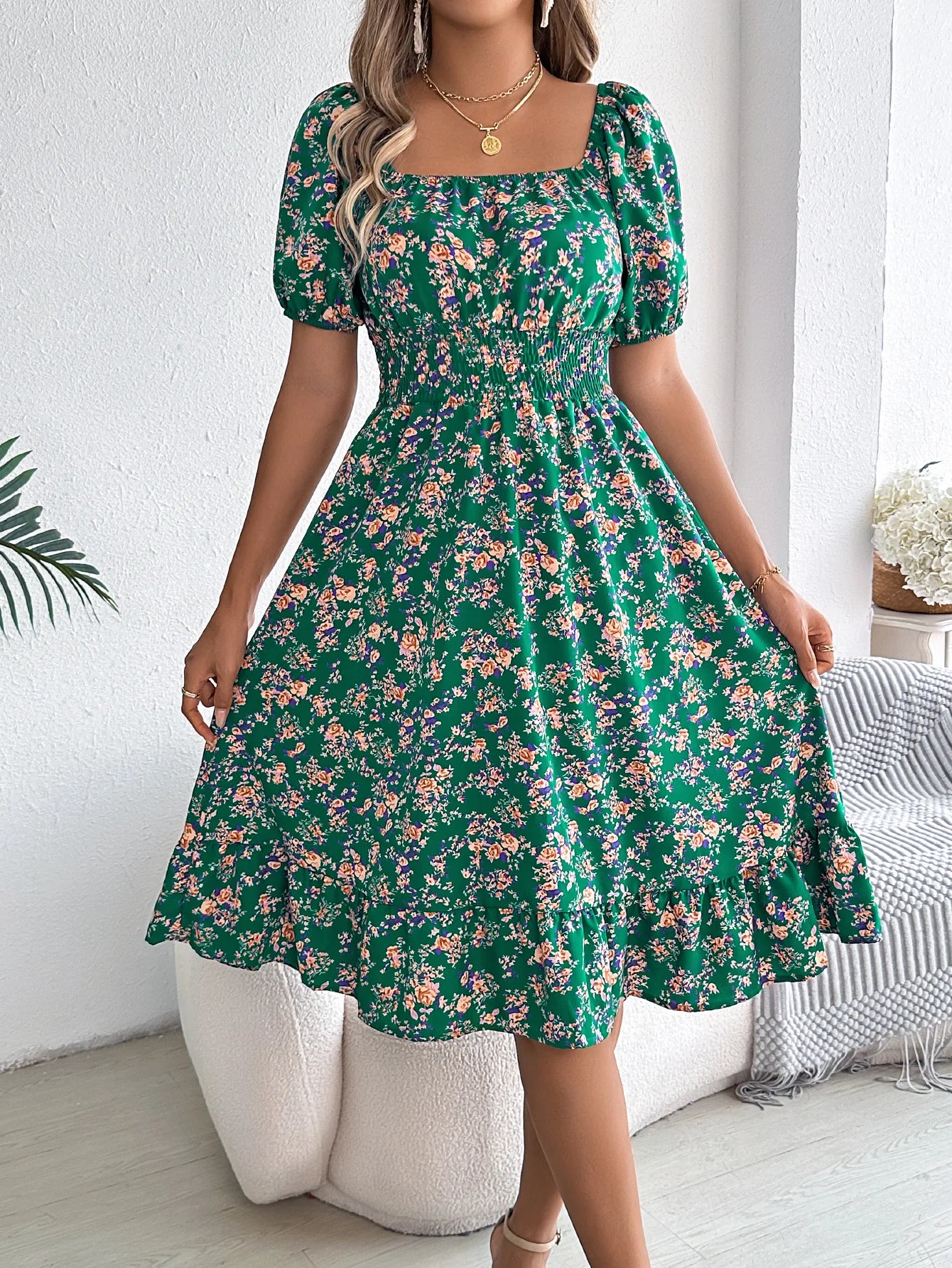 Women's Floral 3D Print Square Neck Dress